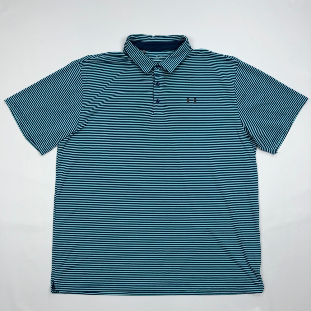 Under Armour Mens 3XL HeatGear Striped Performance Polo Shirt Teal Navy Blue